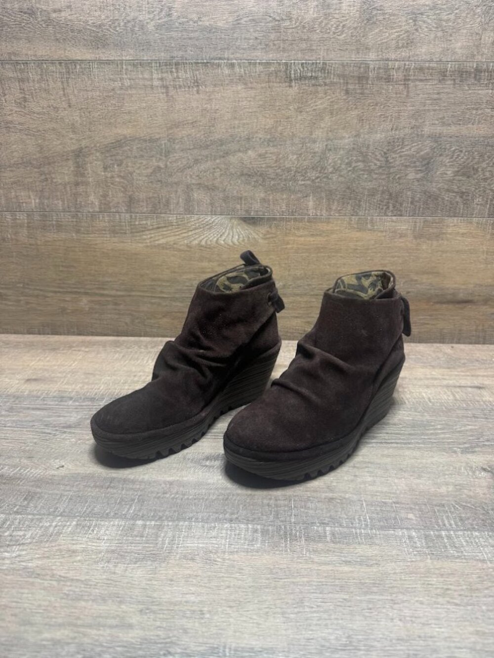 Fly London Yama Brown Suede Weddge Heel Booties Women's Size EU 36